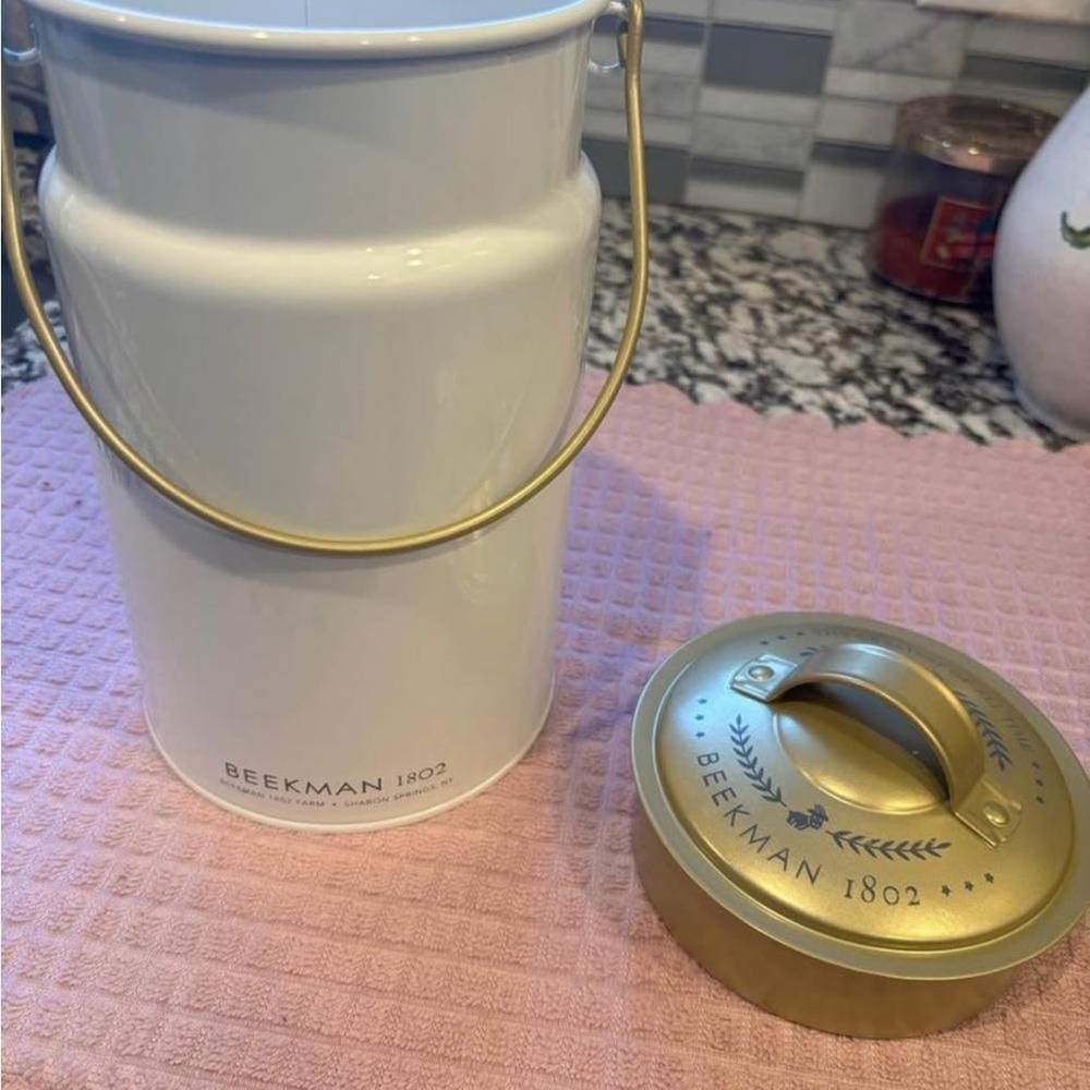Beekman 1802 White Enamel Metal Milk Can Canister with Gold Lid and Handle